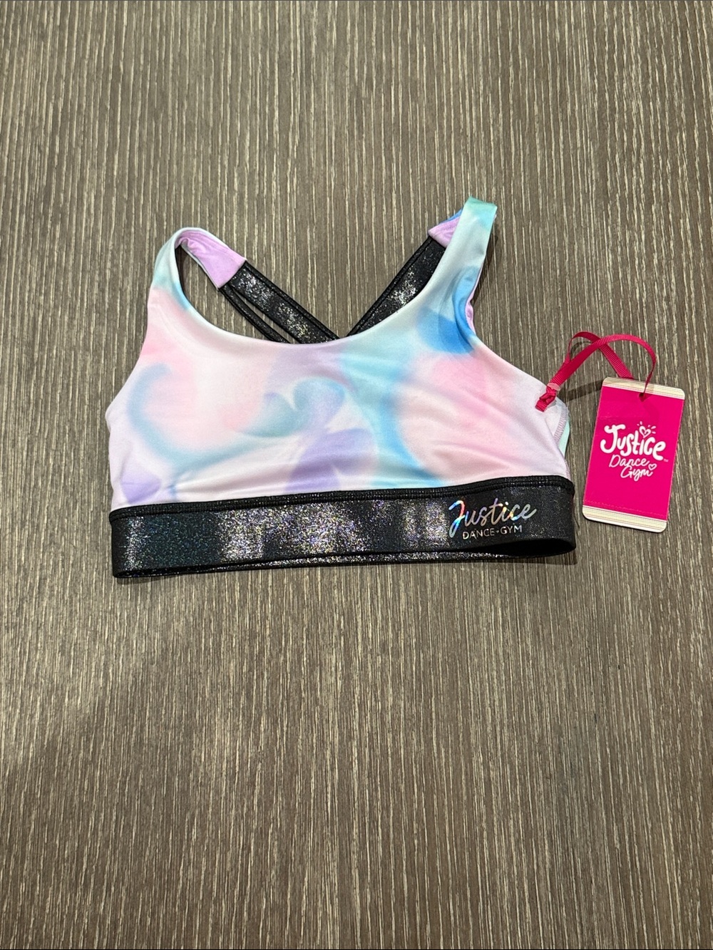 NWT Size XSmall 5-6 Justice Tie-Dye Crossback Sports Bra with Glitter Band